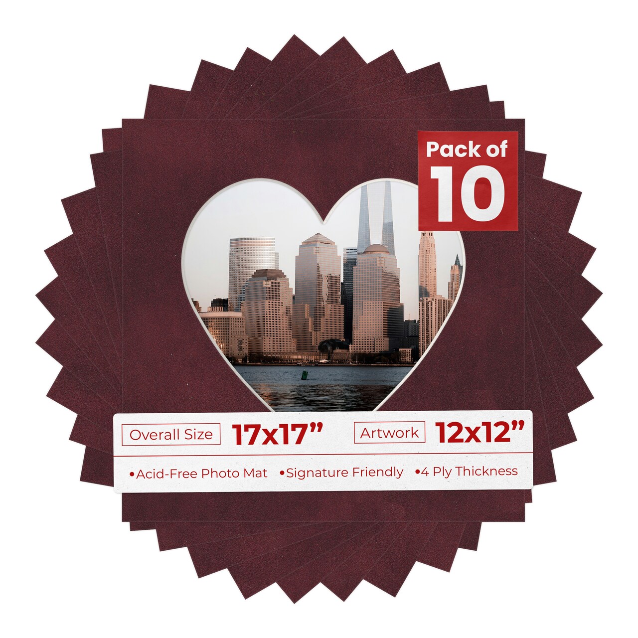 Dark Red Suede Mat Board for 17x17 Frames - Heart Opening for 12x12 Photos